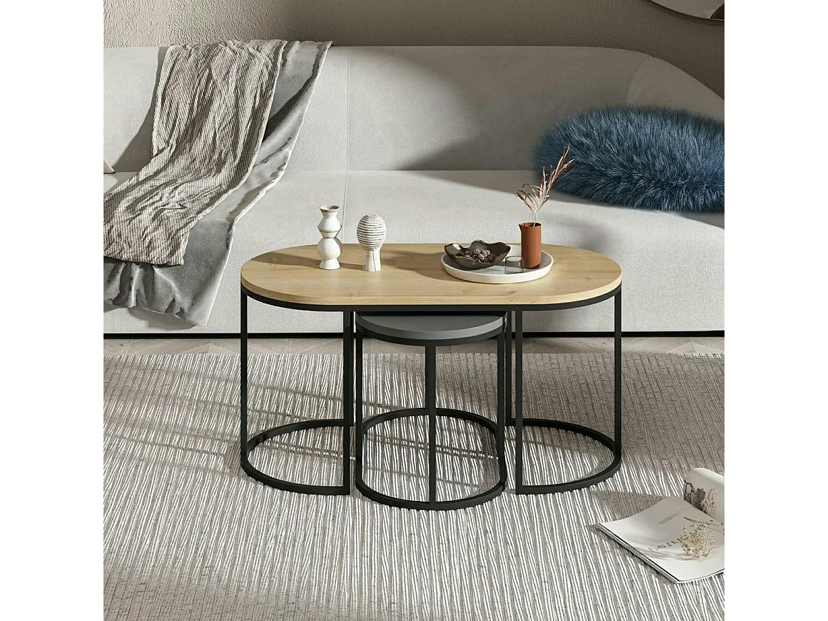 Table basse gigogne ovale décor bois et gris (lot de 3) JENA