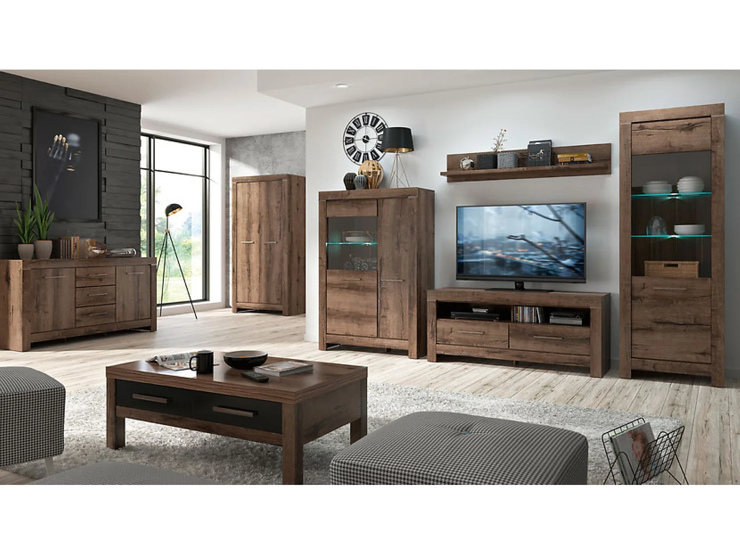 Vitrine en verre trempé à 1 porte avec éclairage LED, coloris Chêne marron foncé- Longueur 68 x Profondeur 39,5 x Hauteur 196,5 cm