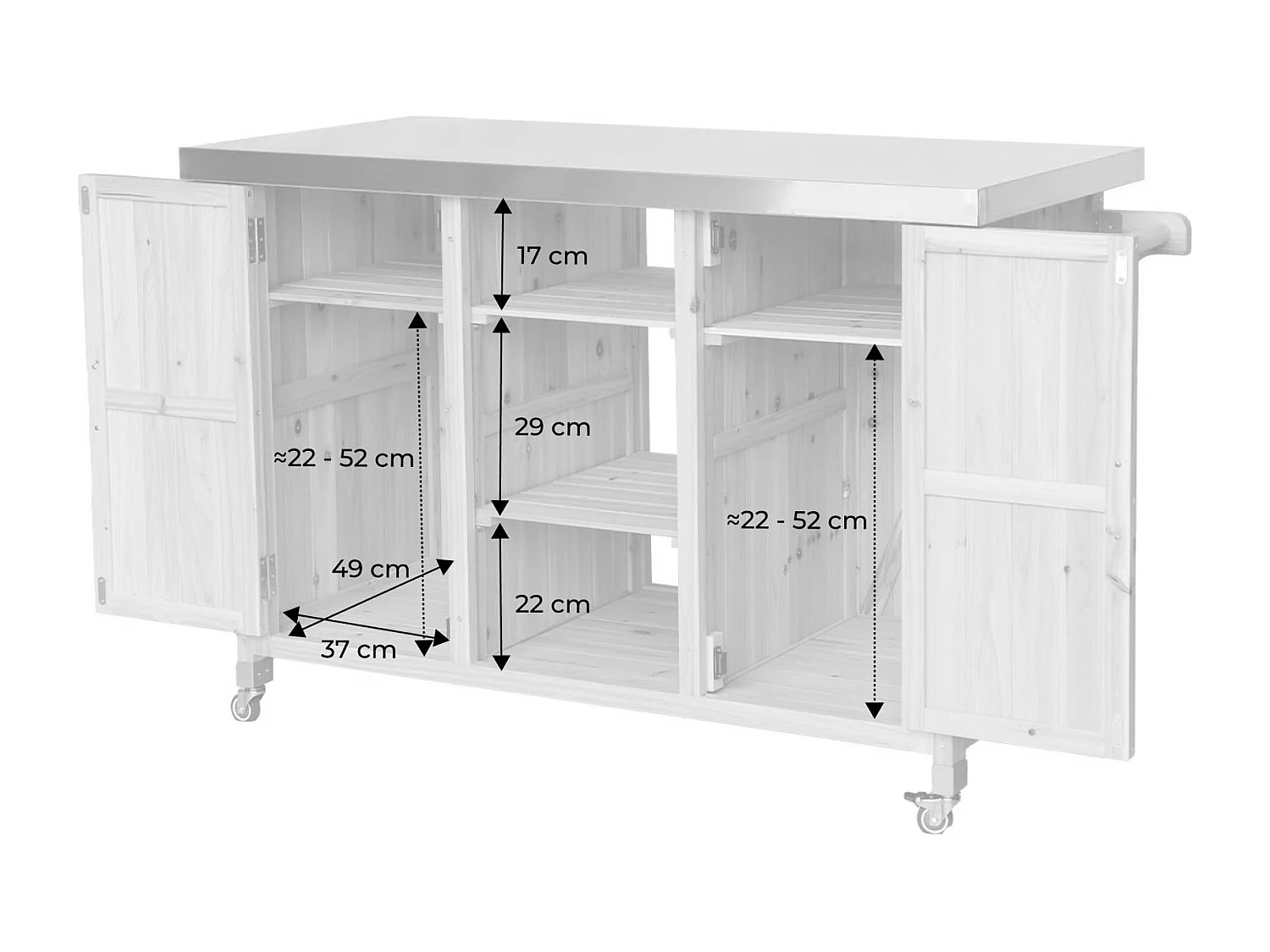 Cuisine d'extérieure 130cm bois avec poignées. 7 espaces de rangement L 130 x l 60 x h 89.5cm