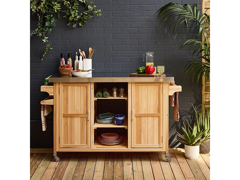 Cuisine d'extérieure 130cm bois avec poignées. 7 espaces de rangement L 130 x l 60 x h 89.5cm