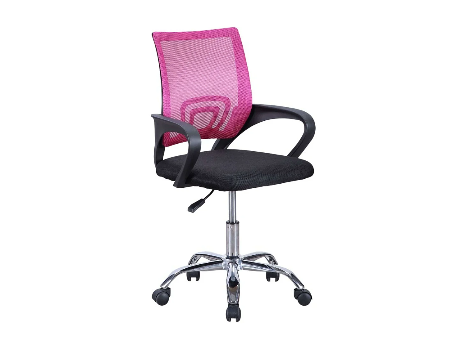 Cadeira de escritório giratória Vita com apoio lombar e apoios de braço, rosa e preta.