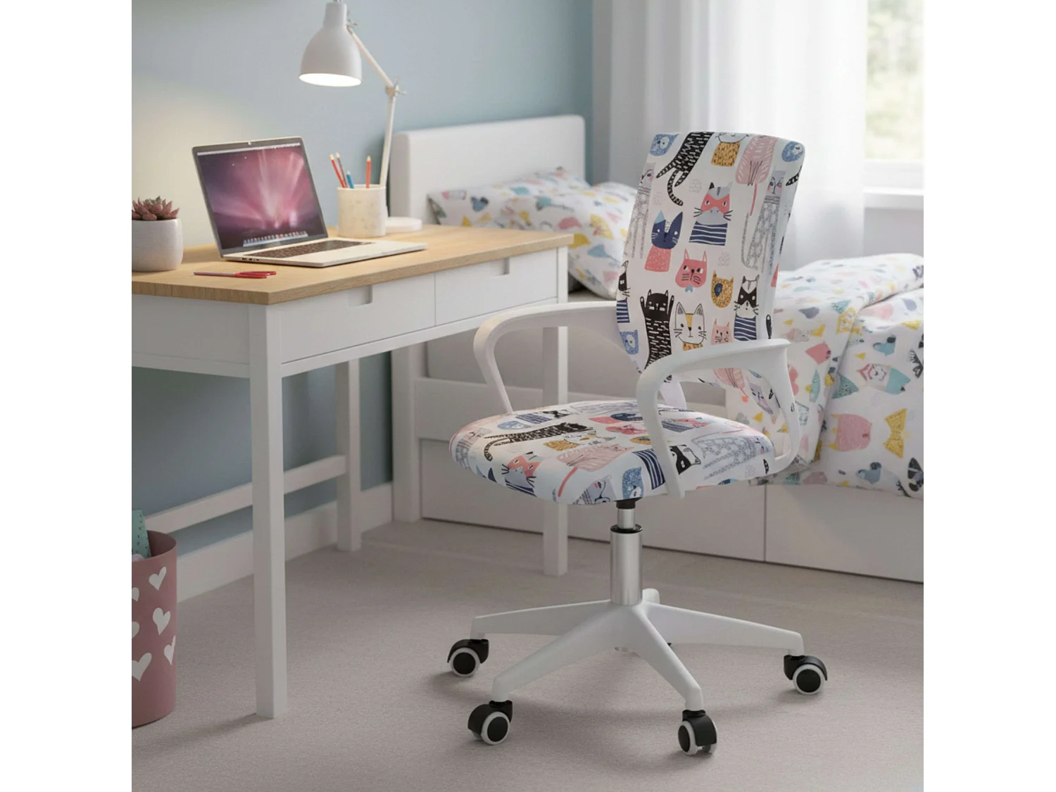 Silla de escritorio juvenil Miau color blanco tela y metal 84x61x51 cm