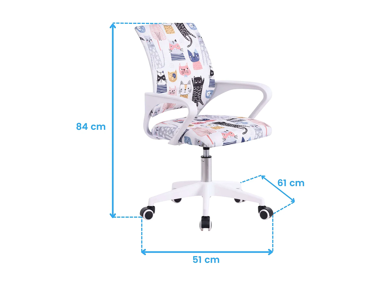 Silla de escritorio juvenil Miau color blanco tela y metal 84x61x51 cm