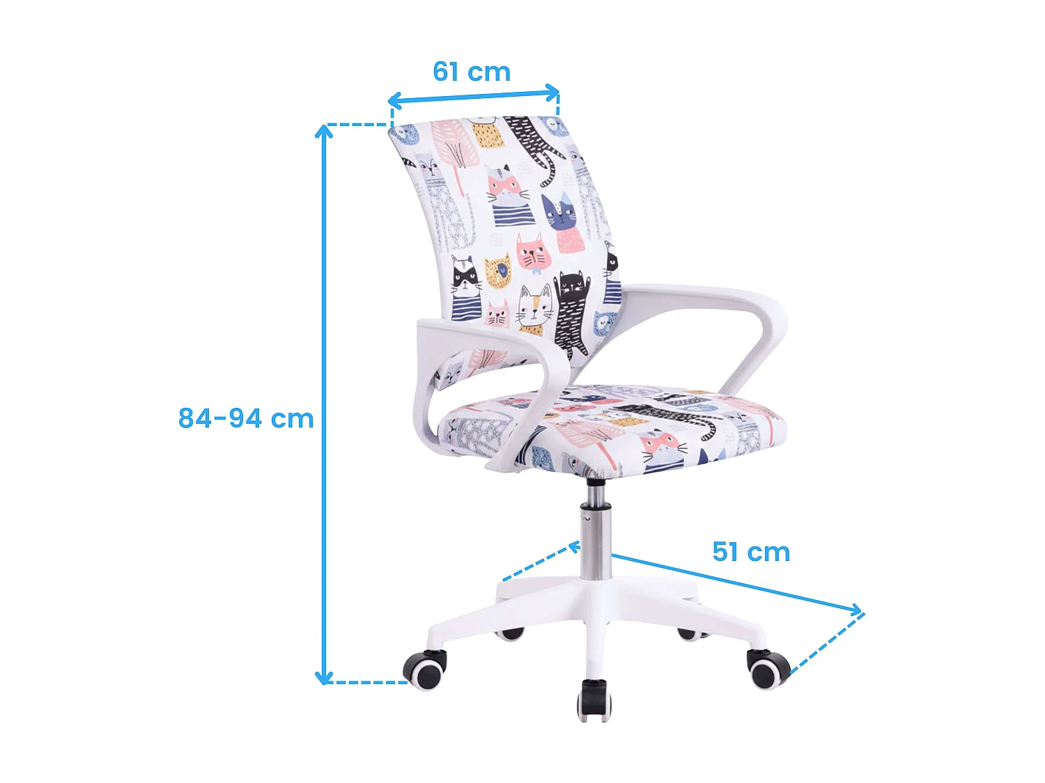 Cadeira de escritório juvenil Miau, tecido branco e metal, 84x61x51 cm