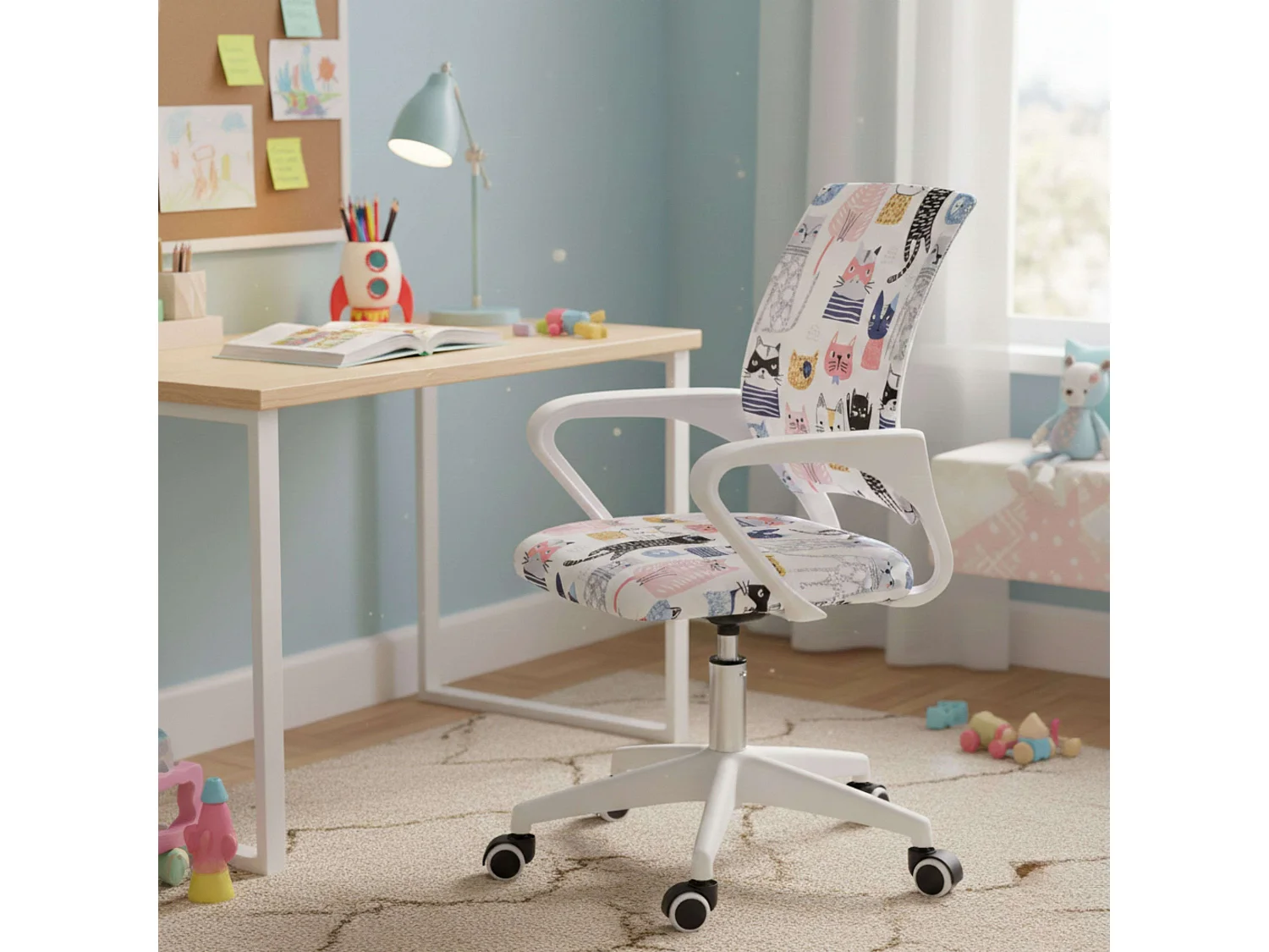 Silla de escritorio juvenil Miau color blanco tela y metal 84x61x51 cm