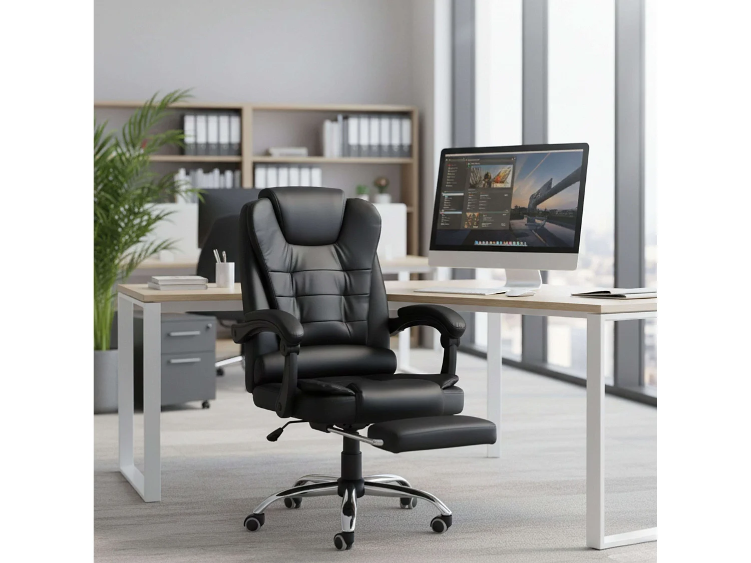 Silla de oficina con reposapiés Comde en tela metal negro 106x64x75 cm