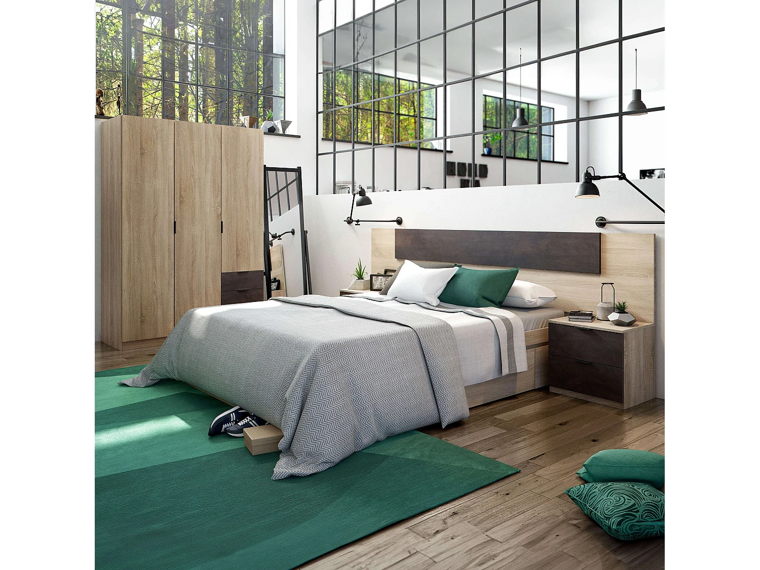 Pack Muebles Dormitorio Andy Armario Cabezal Mesitas Cama 150x190