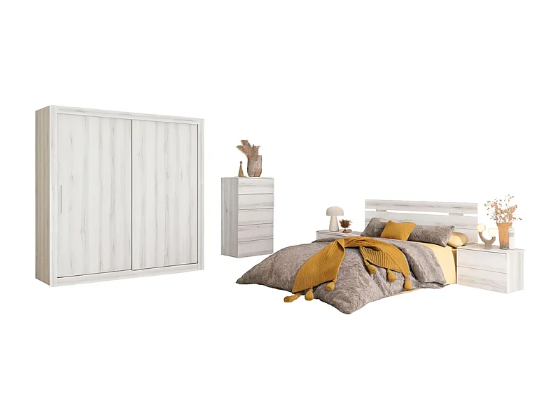 Pack Muebles Dormitorio Blanco Albo: Cabecero, 2 Mesitas, Cama, Cómoda