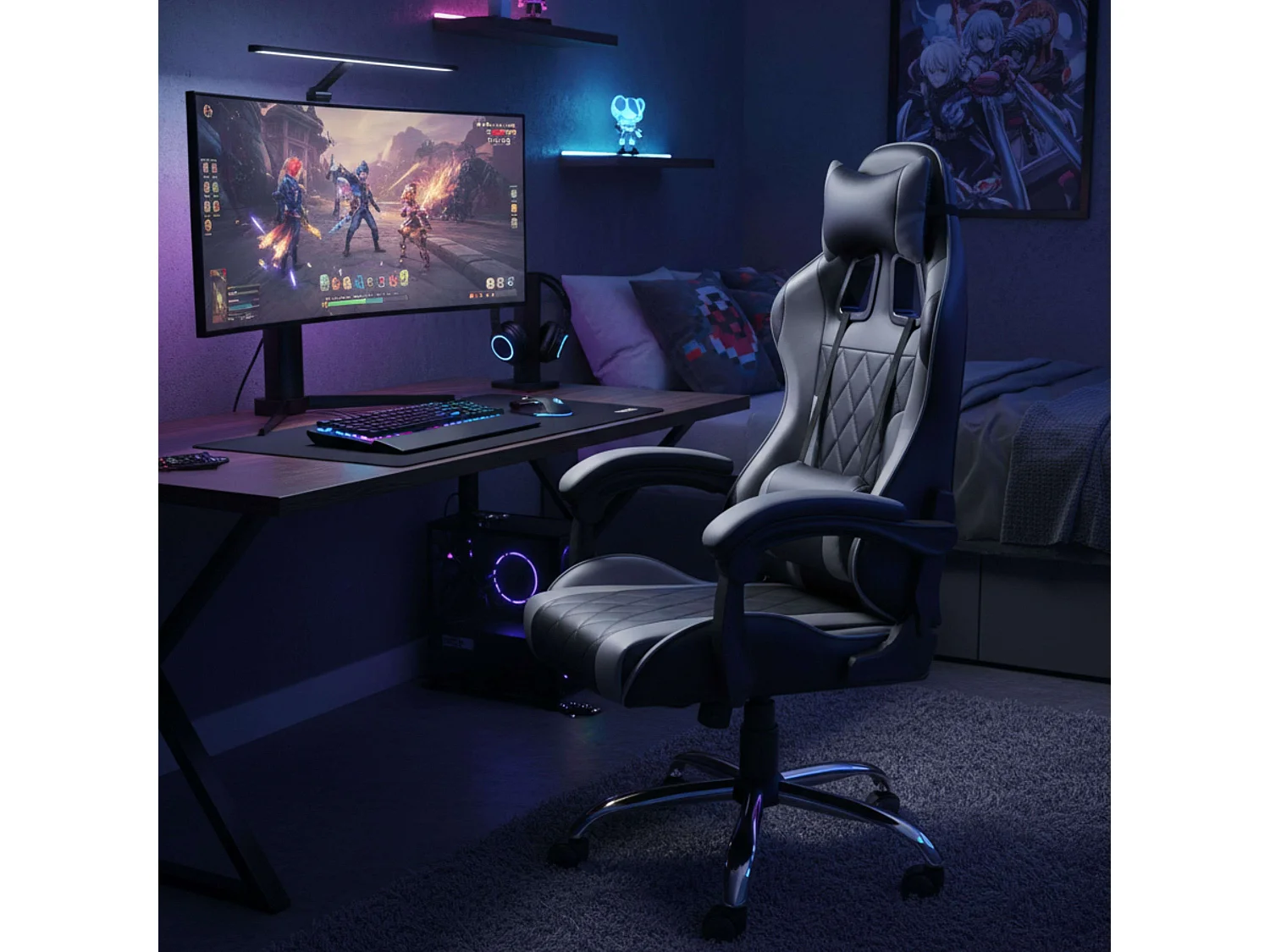 Silla gaming Legend cojín lumbar y reposacabezas negro y gris 120x63x66 cm