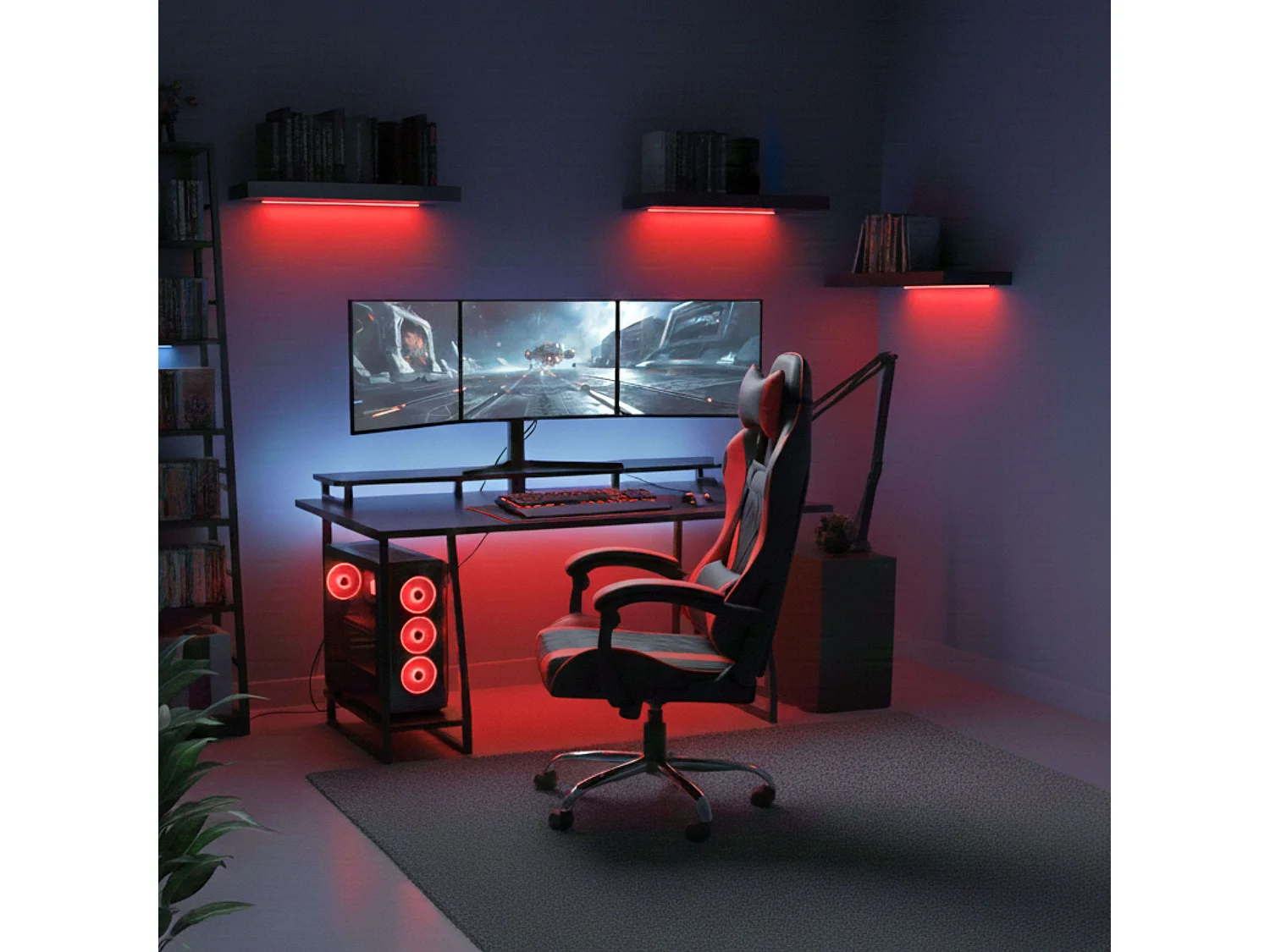 Silla gaming Legend con cojín lumbar y reposacabezas en tela negro y rojo