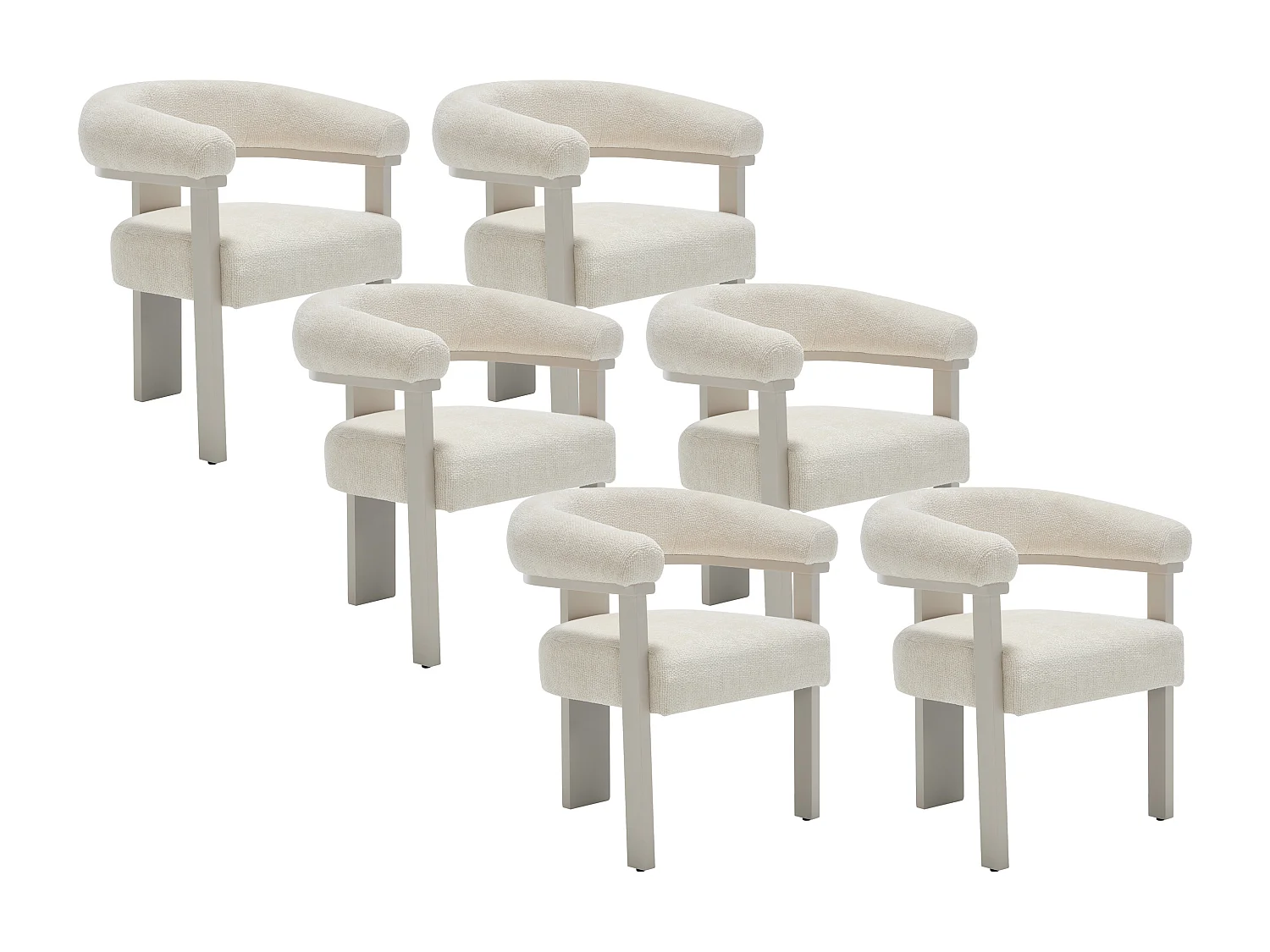 Lot de 6 chaises avec accoudoirs en tissu texturé et bois d'hévéa beige - Crème - LIVELIA de Pascal Morabito