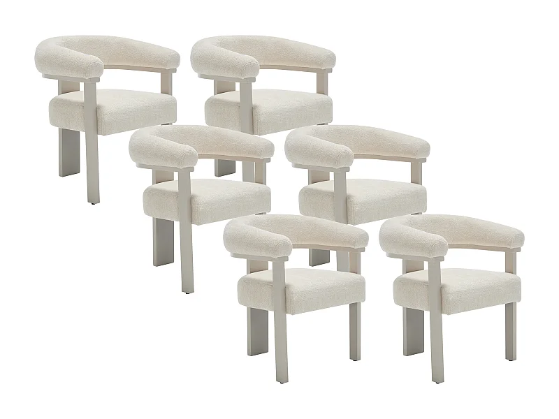 Lot de 6 chaises avec accoudoirs en tissu texturé et bois d'hévéa beige - Crème - LIVELIA de Pascal Morabito