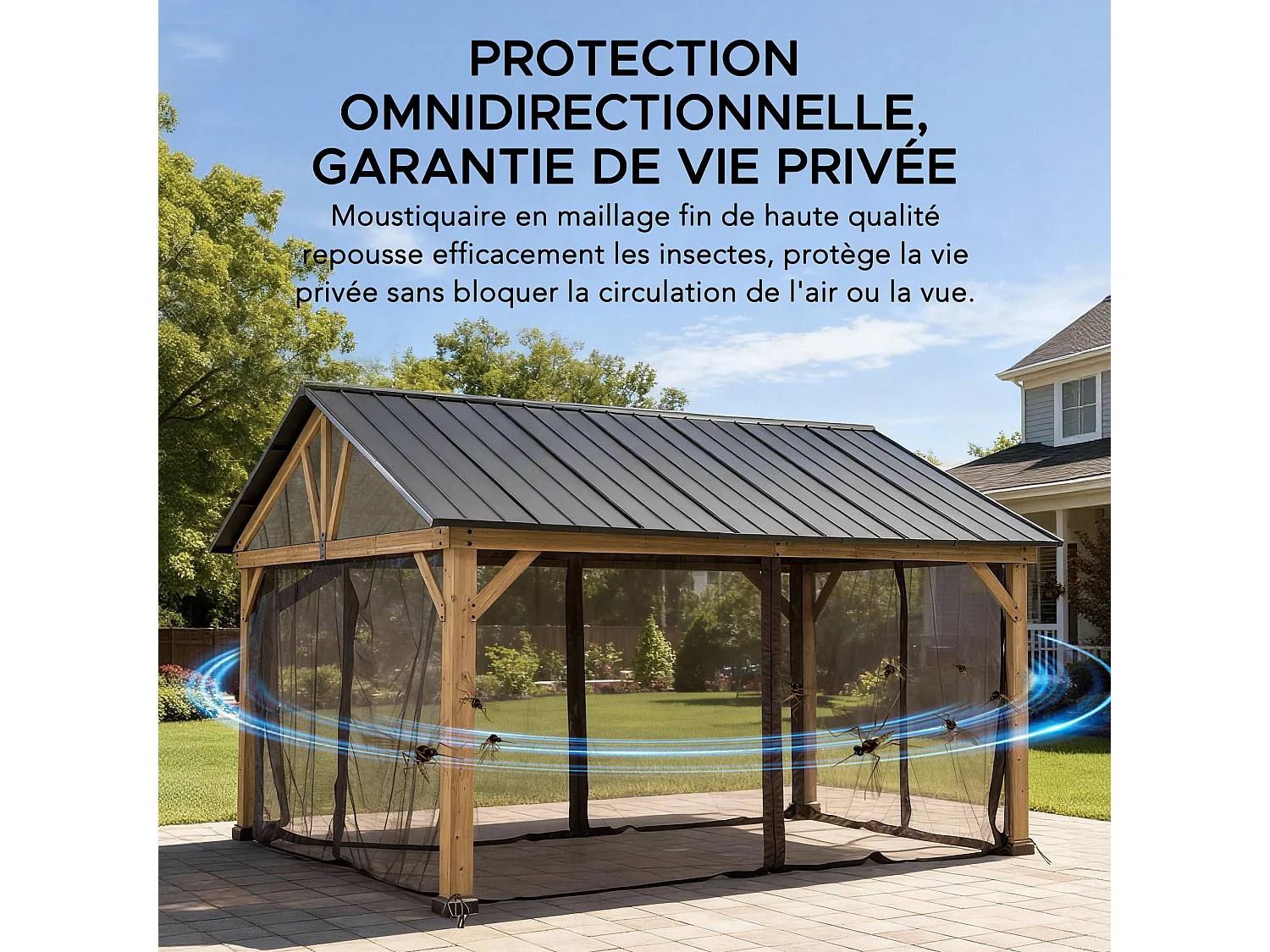 Moustiquaire de remplacement SUNJOY pour tonnelles à toit à deux pentes avec structure en bois de 465 cm x 404 cm (avec tube de fixation pour la moustiquaire)
