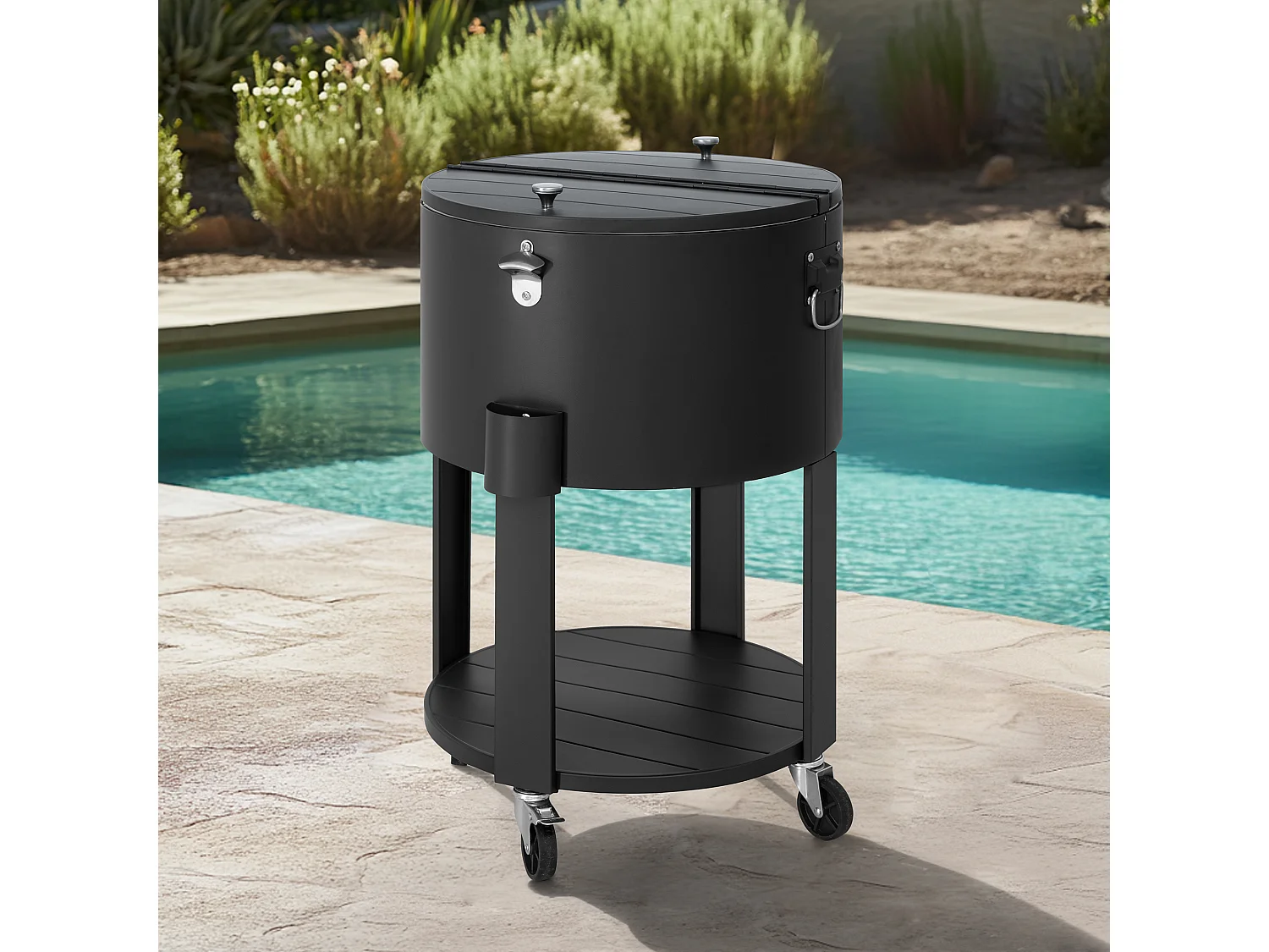 Glacière à roulettes Tinley 56 L, glacière portable pour boissons avec décapsuleur et étagère.