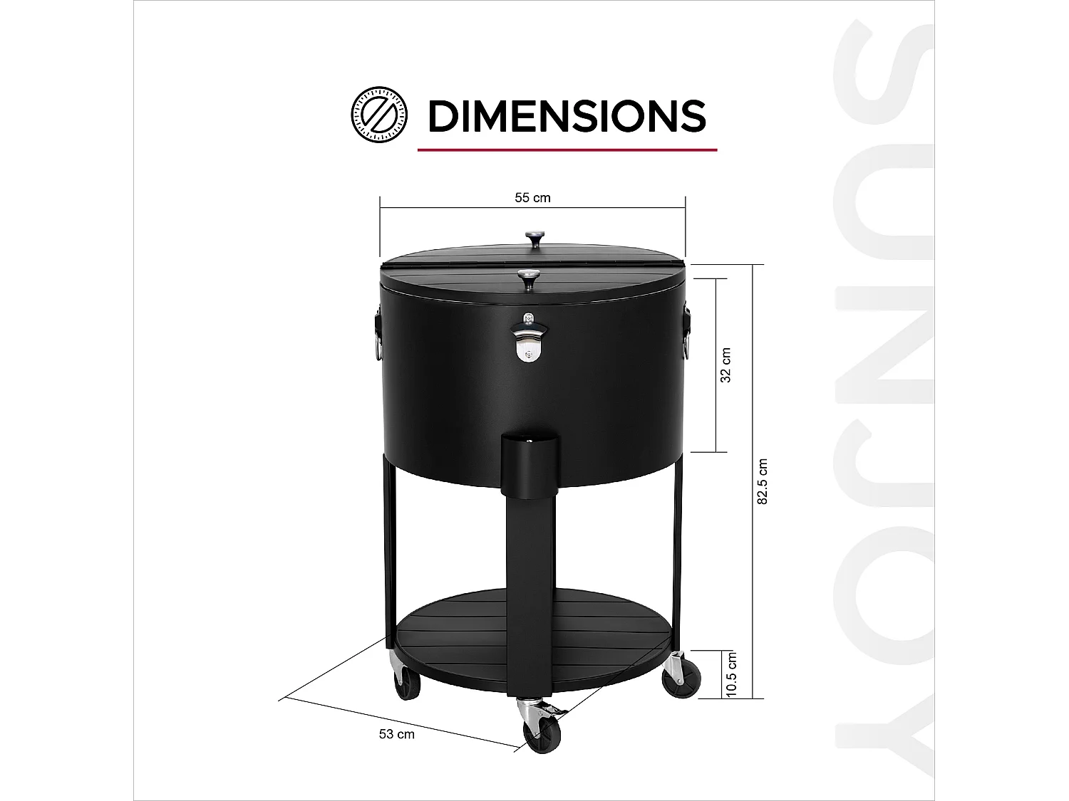 Glacière à roulettes Tinley 56 L, glacière portable pour boissons avec décapsuleur et étagère.