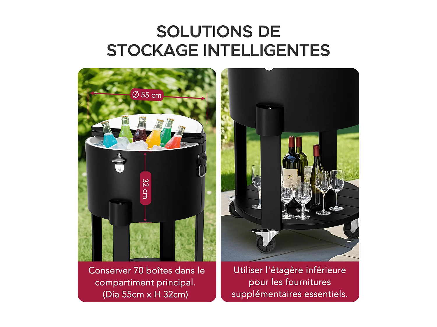 Glacière à roulettes Tinley 56 L, glacière portable pour boissons avec décapsuleur et étagère.