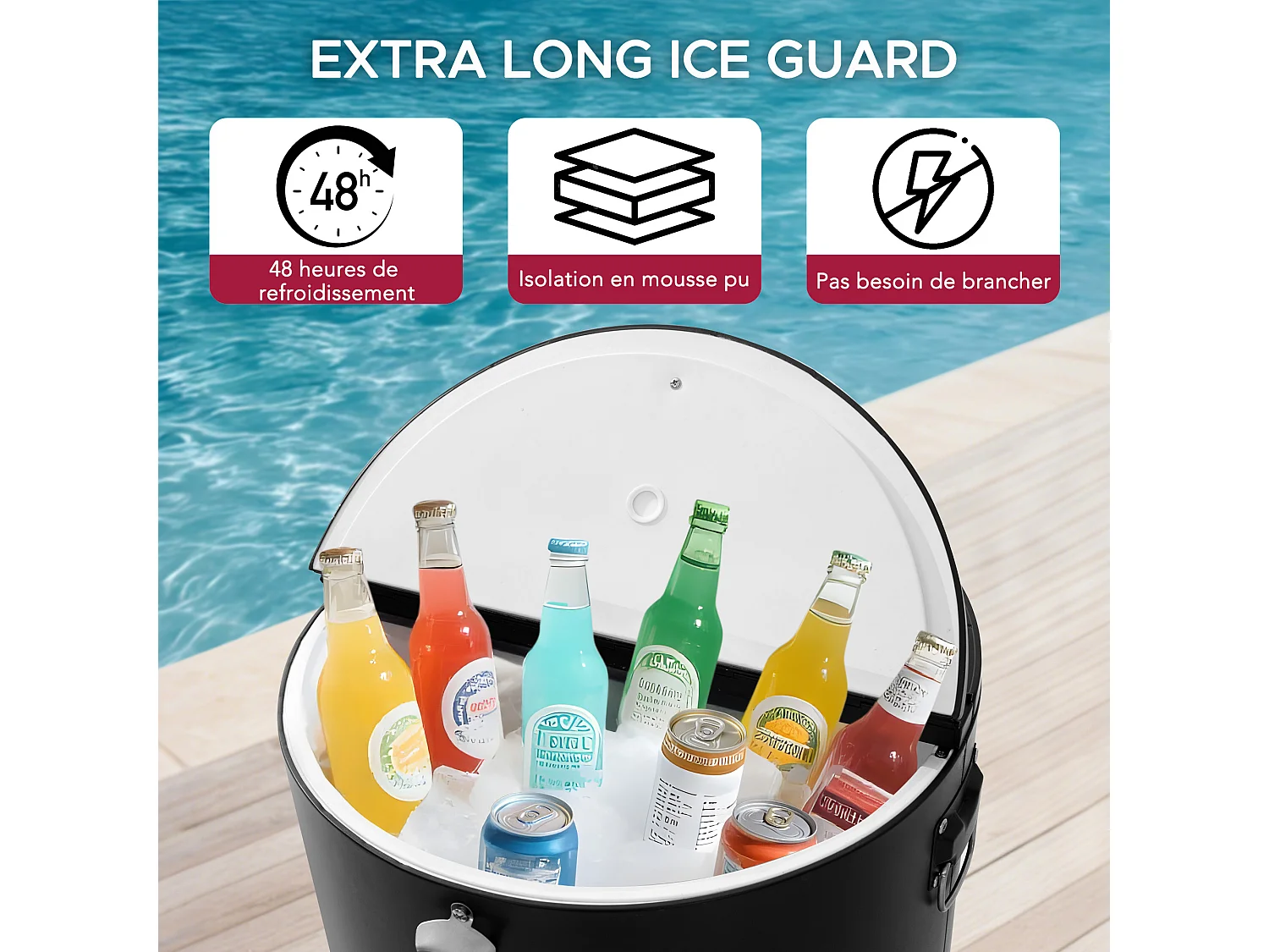 Glacière à roulettes Tinley 56 L, glacière portable pour boissons avec décapsuleur et étagère.