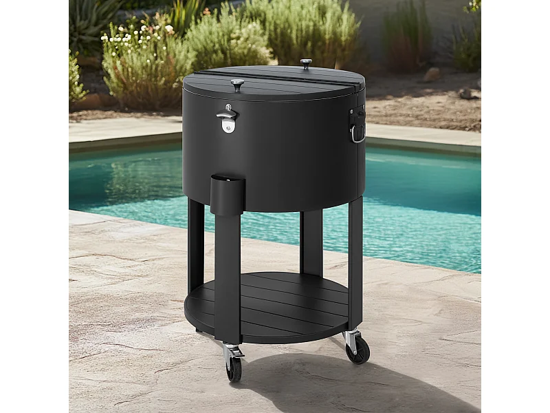 Glacière à roulettes Tinley 56 L, glacière portable pour boissons avec décapsuleur et étagère.