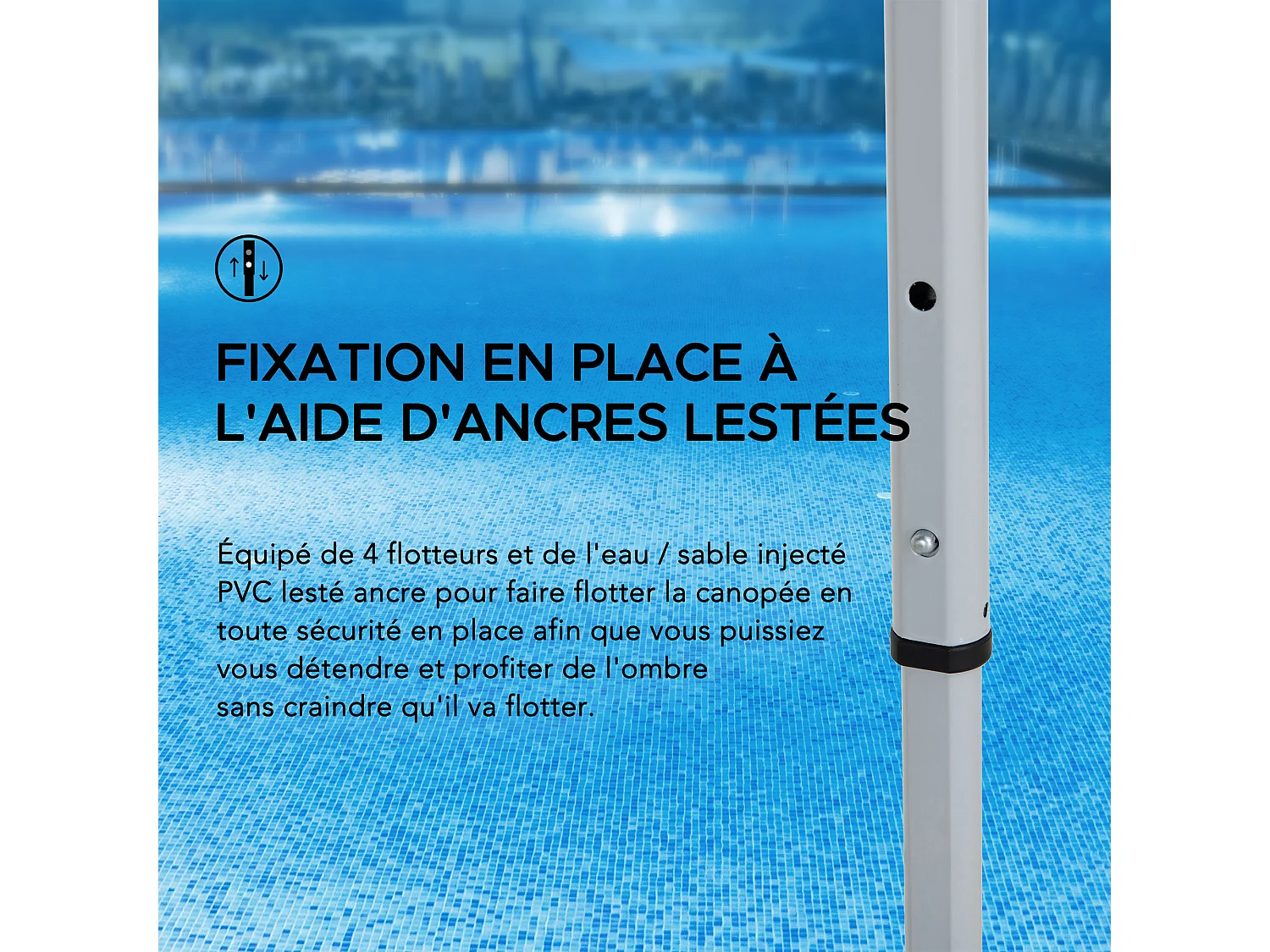 Gazebo flottant pour piscine GRAN 300 cm x 300 cm avec flotteurs en PVC et sac de transport, gris.