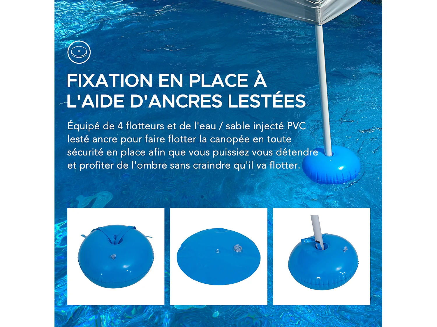 Gazebo flottant pour piscine GRAN 300 cm x 300 cm avec flotteurs en PVC et sac de transport, gris.