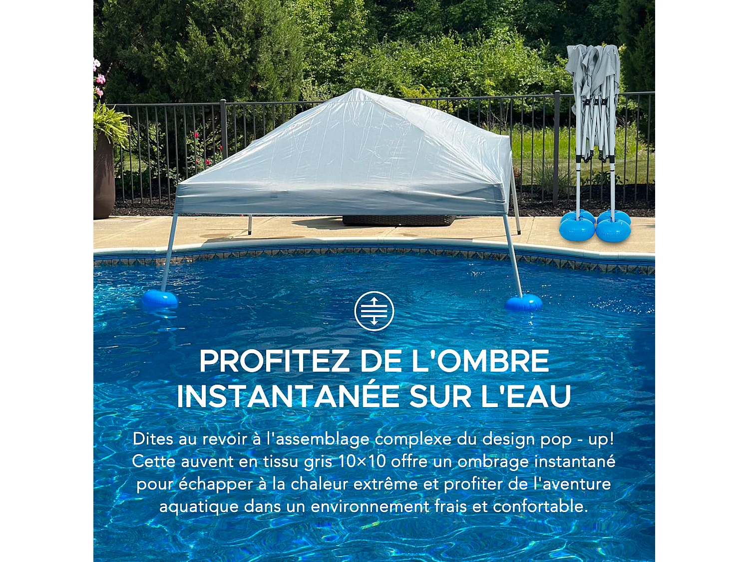 Gazebo flottant pour piscine GRAN 300 cm x 300 cm avec flotteurs en PVC et sac de transport, gris.