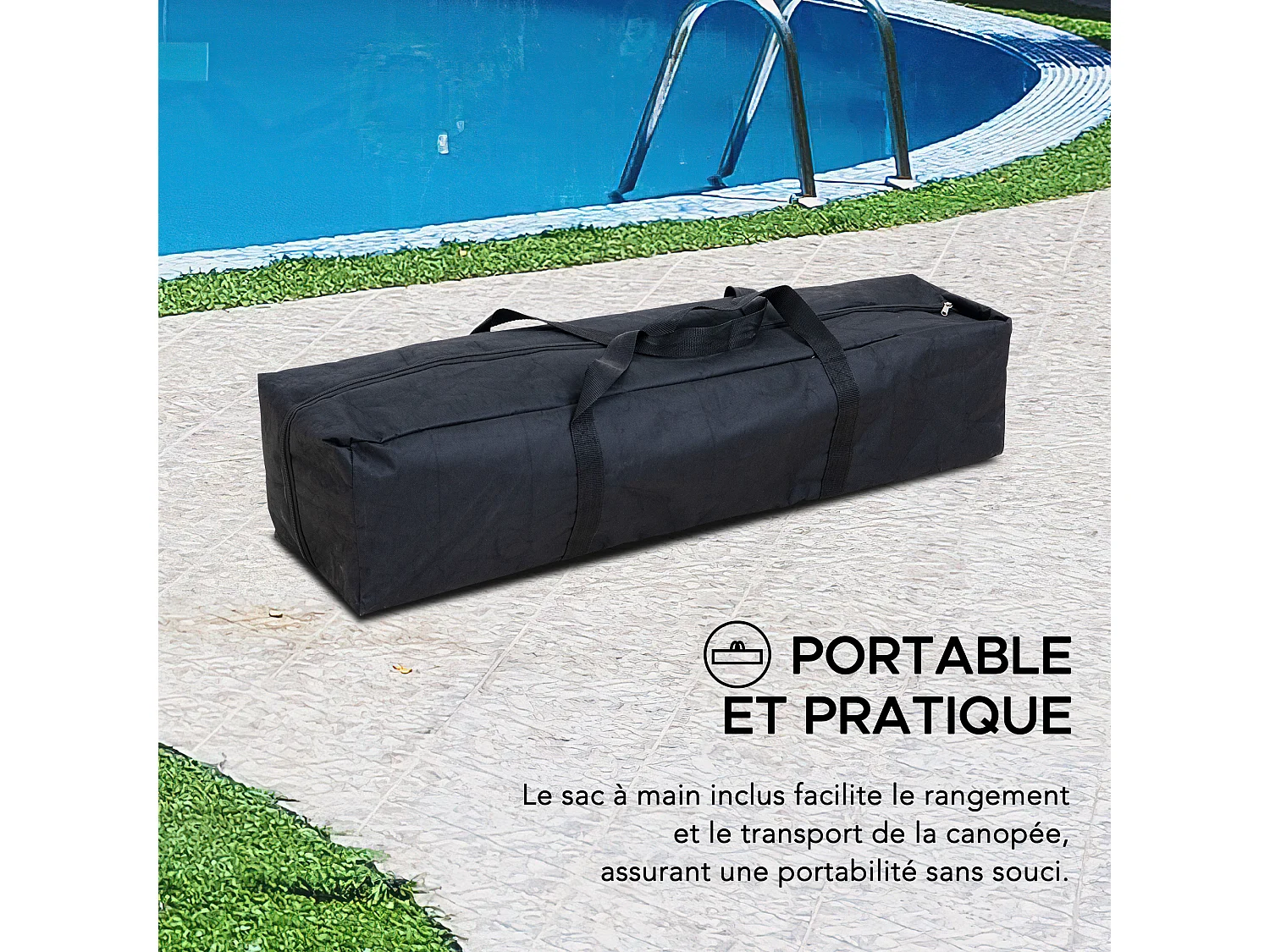 Gazebo flottant pour piscine GRAN 300 cm x 300 cm avec flotteurs en PVC et sac de transport, gris.