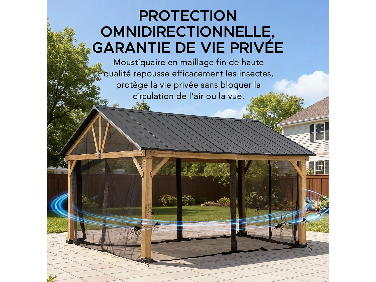 Moustiquaire de remplacement SUNJOY pour tonnelles à toit à deux pentes avec structure en bois de 335 cm x 399 cm (avec tube de fixation pour la moustiquaire)