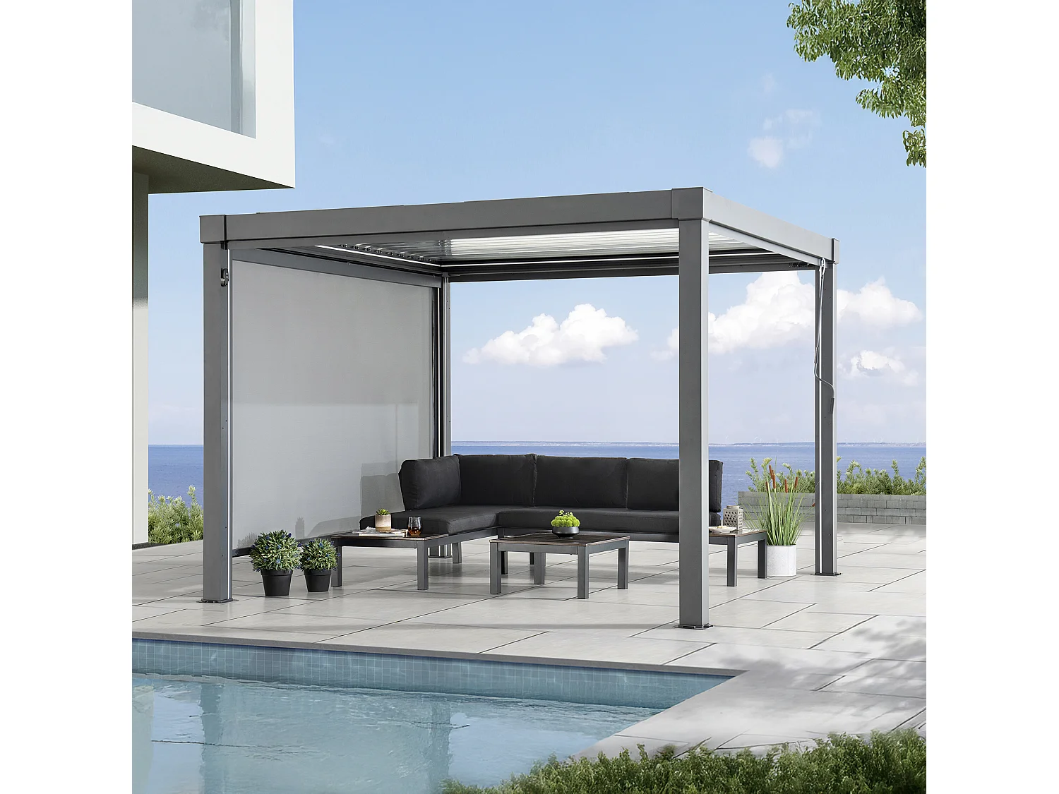 Store enrouleur réglable SUNJOY pour pergola à lames orientables (côté de 3 m)