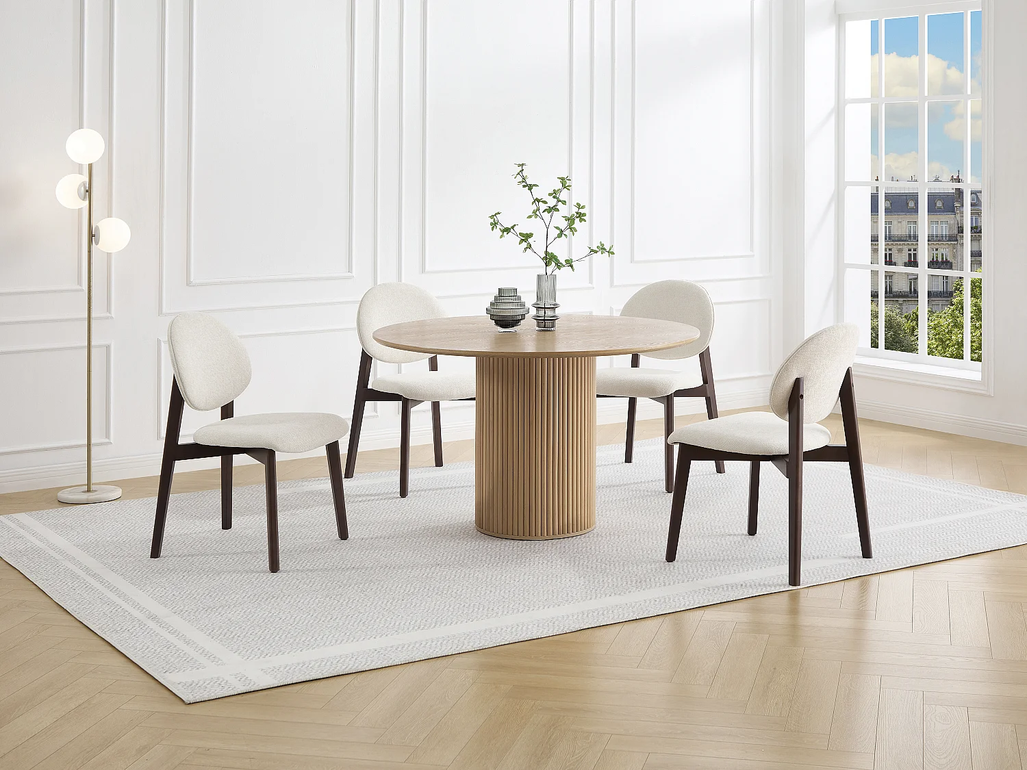 Lot de 6 chaises en tissu texturé et bois d'hévéa naturel foncé - Crème - MARLENI