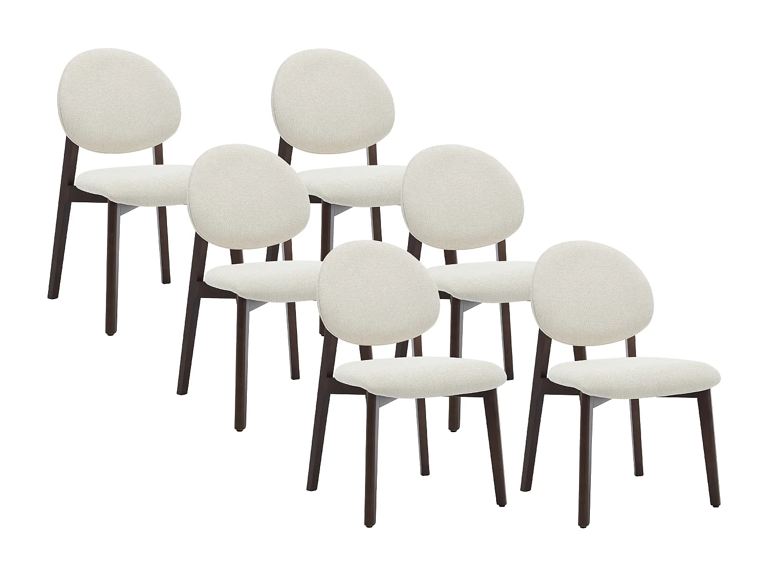 Lot de 6 chaises en tissu texturé et bois d'hévéa naturel foncé - Crème - MARLENI