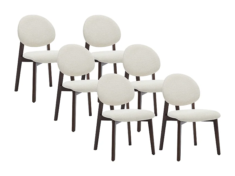 Lot de 6 chaises en tissu texturé et bois d'hévéa naturel foncé - Crème - MARLENI
