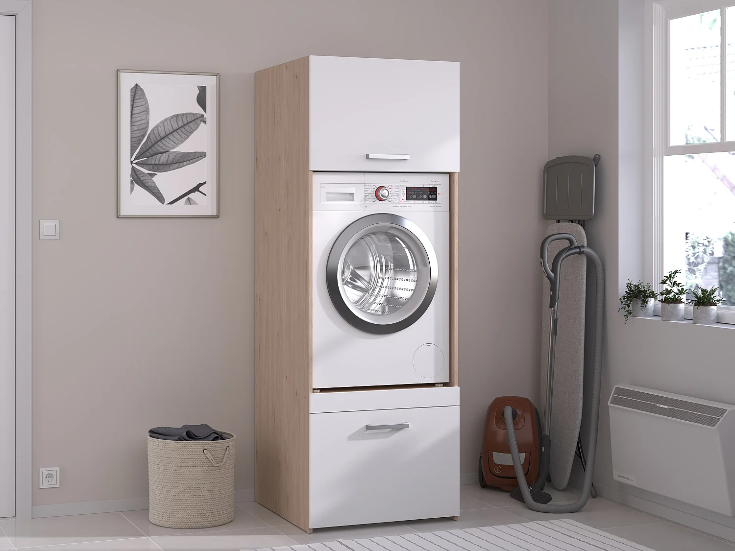 Meuble pour machine à laver avec 1 tablette, 1 tiroir et 1 placard – Naturel clair et blanc – L64 x H184 – ERKANO