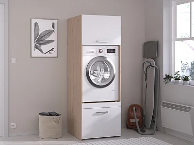 Wasmachinekast met 1 plank, 1 lade en 1 kast - Licht naturel en wit - B64 x H184 - ERKANO