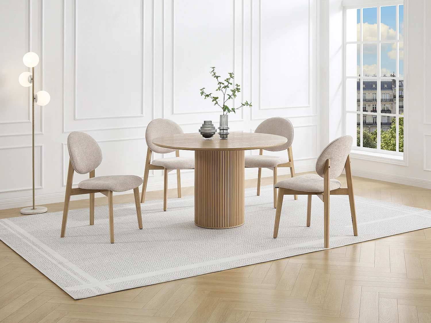 Lot de 6 chaises en tissu texturé et bois d'hévéa naturel clair - Beige - MARLENI