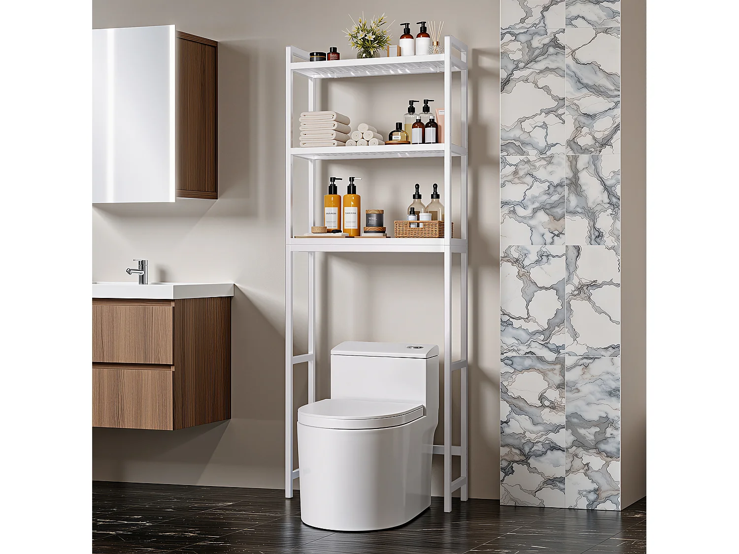 Étagère Salle De Bain 3 Niveaux 63x26x170cm Blanc Bealife