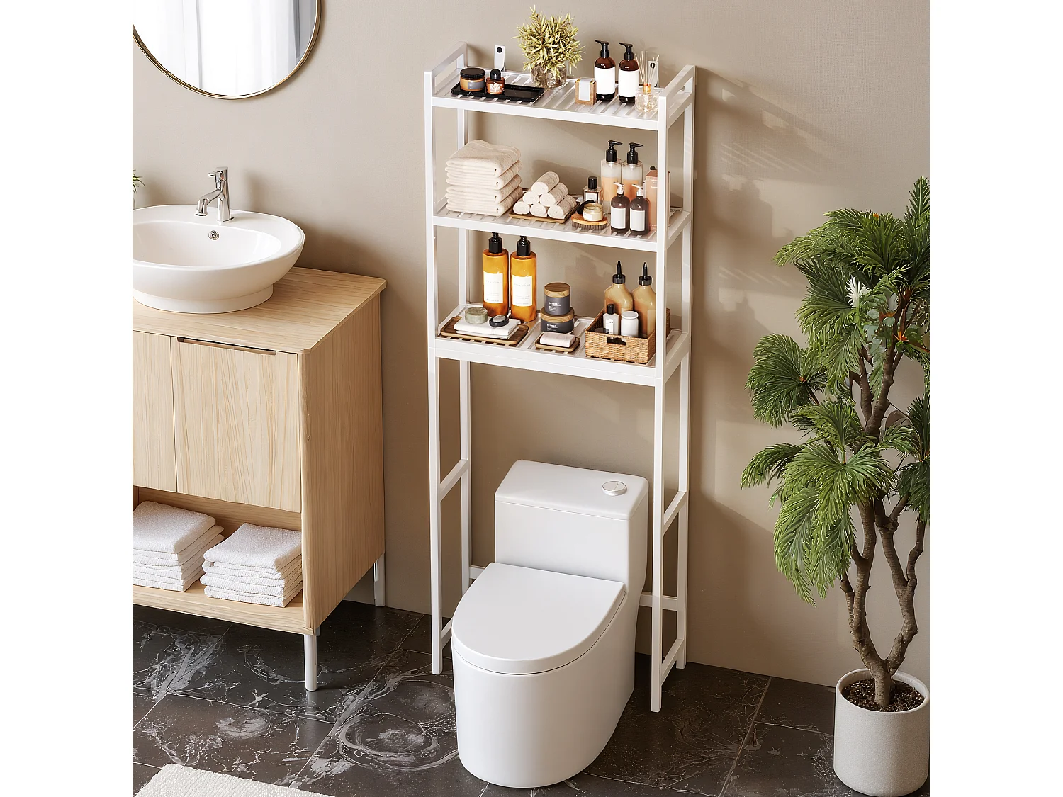 Étagère Salle De Bain 3 Niveaux 63x26x170cm Blanc Bealife