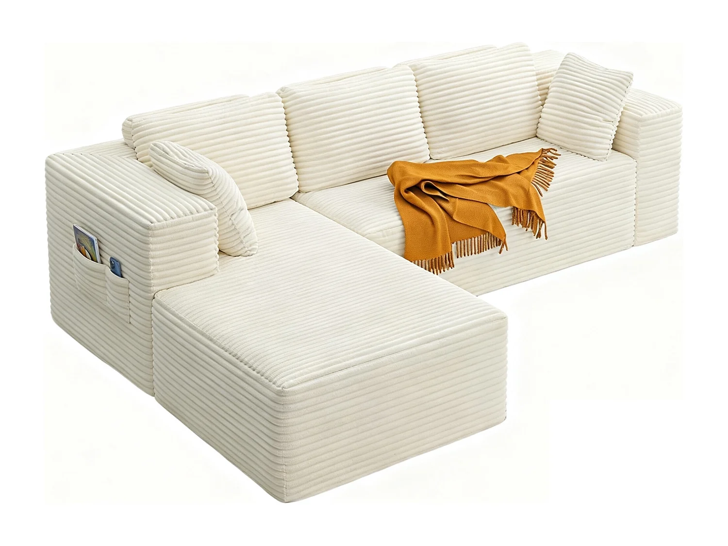 Canapé d'angle 3 Places avec Méridienne Sans Installation Velours Côtelé Beige 250x160x60cm