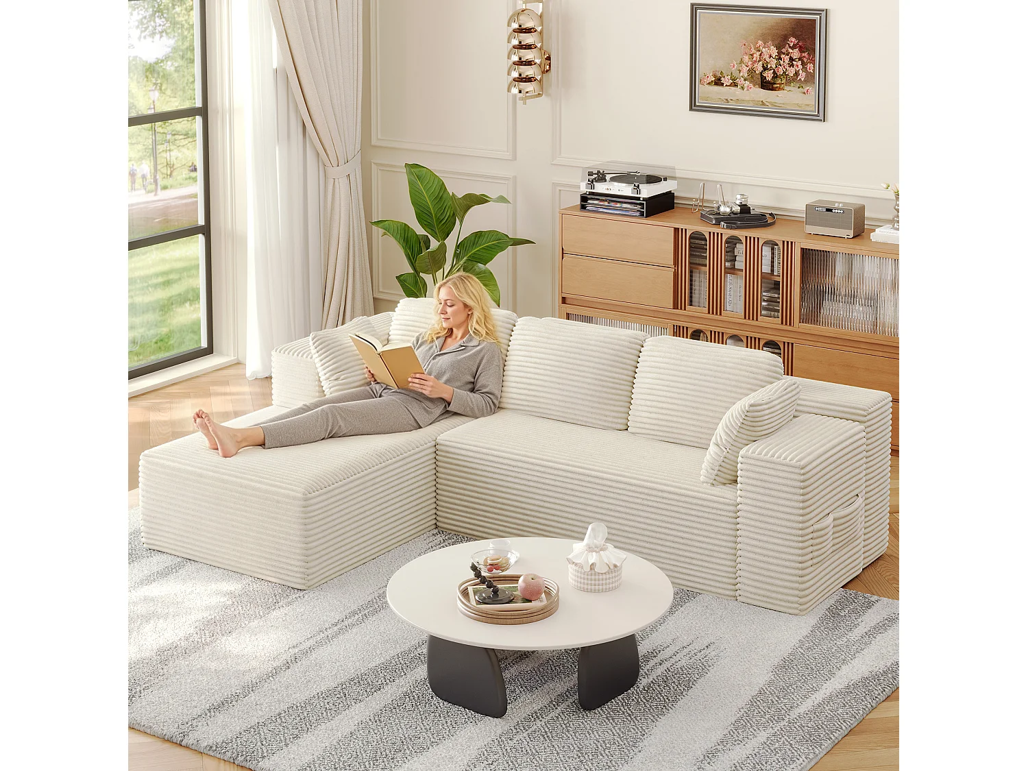 Canapé d'angle 3 Places avec Méridienne Sans Installation Velours Côtelé Beige 250x160x60cm