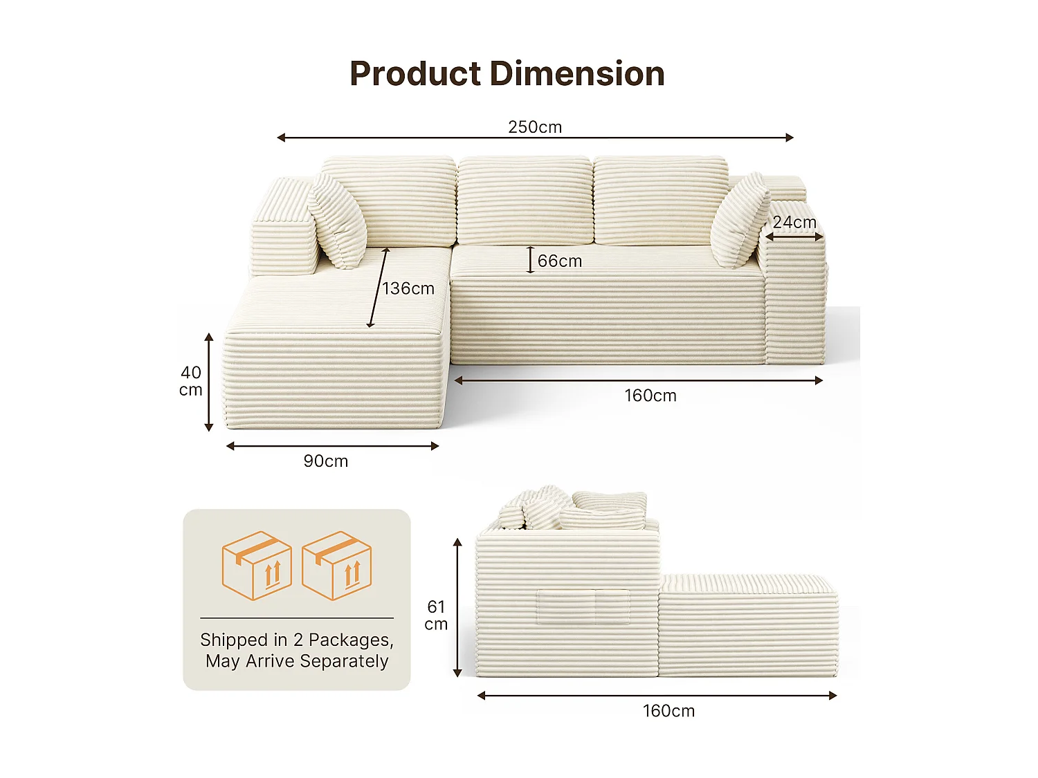 Canapé d'angle 3 Places avec Méridienne Sans Installation Velours Côtelé Beige 250x160x60cm