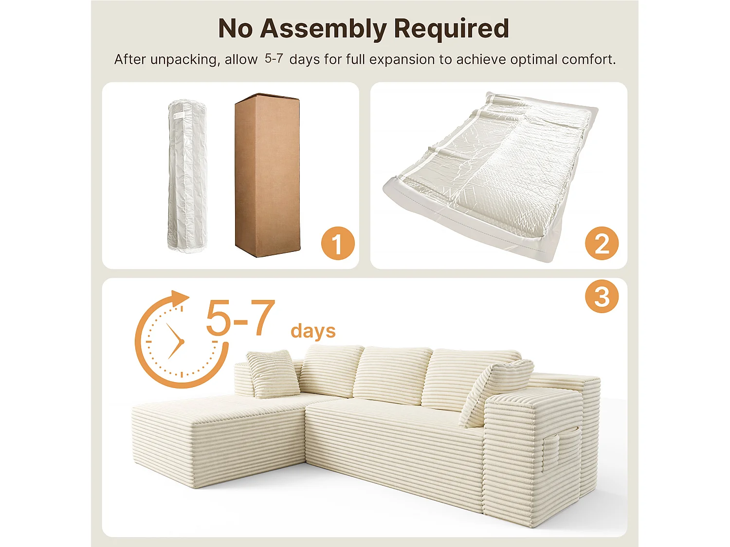 Canapé d'angle 3 Places avec Méridienne Sans Installation Velours Côtelé Beige 250x160x60cm