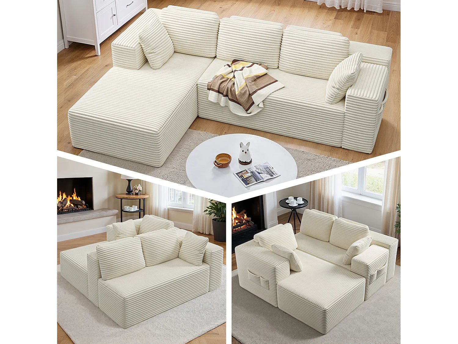 Canapé d'angle 3 Places avec Méridienne Sans Installation Velours Côtelé Beige 250x160x60cm