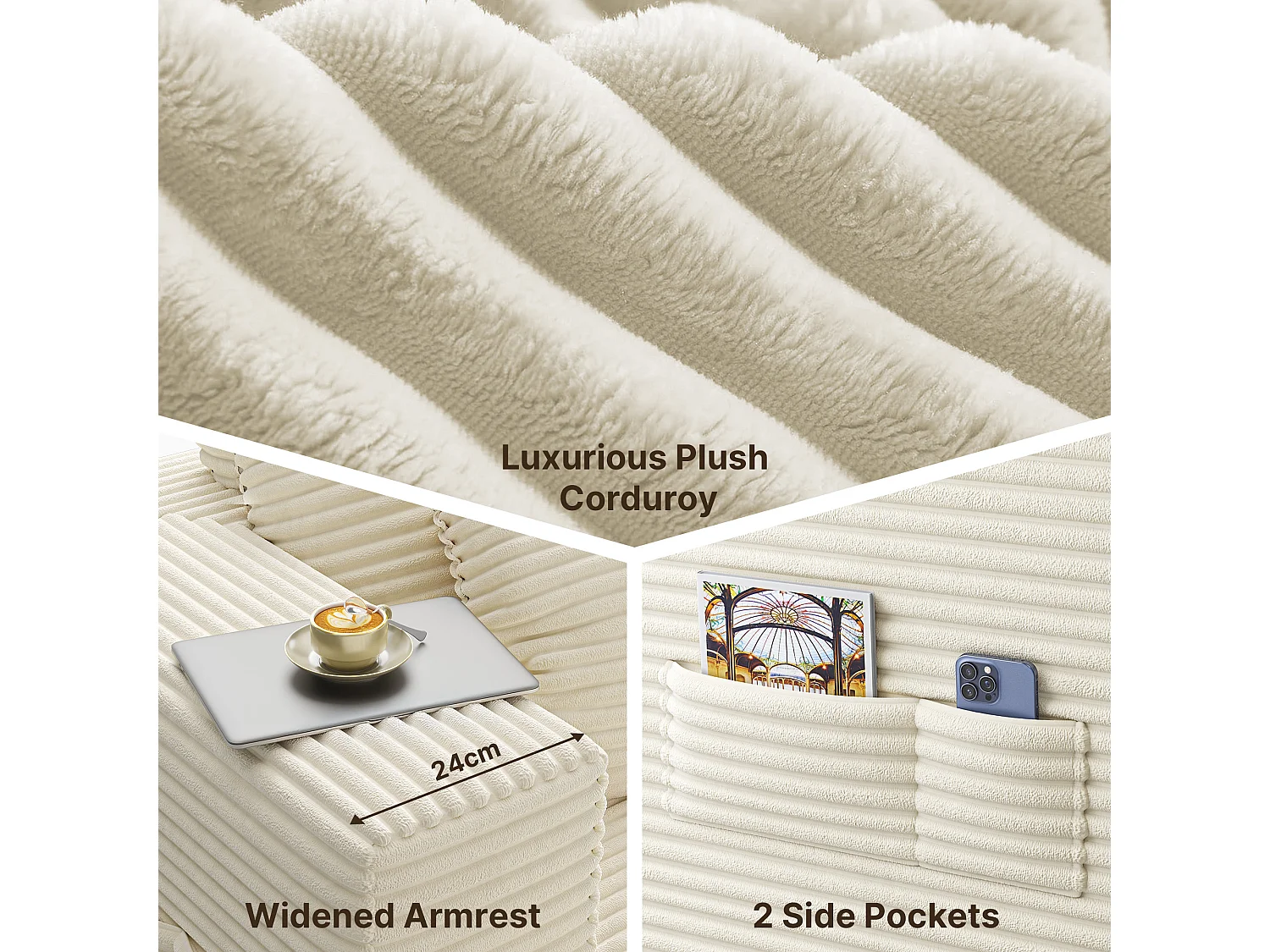 Canapé d'angle 3 Places avec Méridienne Sans Installation Velours Côtelé Beige 250x160x60cm