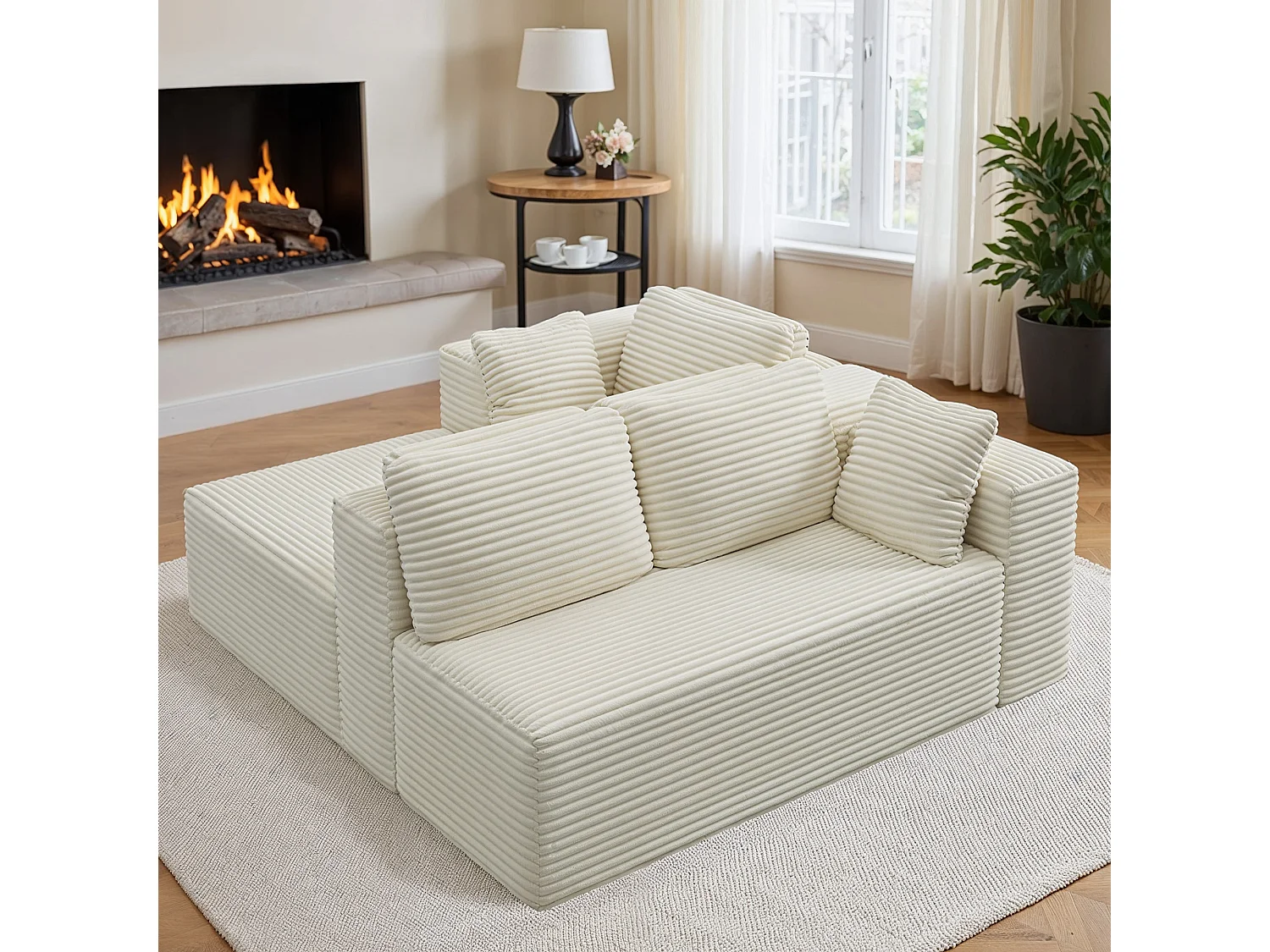 Canapé d'angle 3 Places avec Méridienne Sans Installation Velours Côtelé Beige 250x160x60cm