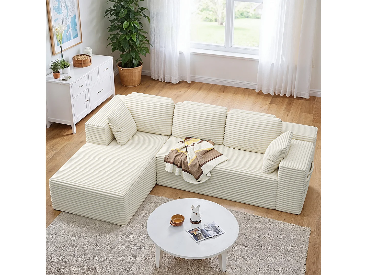 Canapé d'angle 3 Places avec Méridienne Sans Installation Velours Côtelé Beige 250x160x60cm