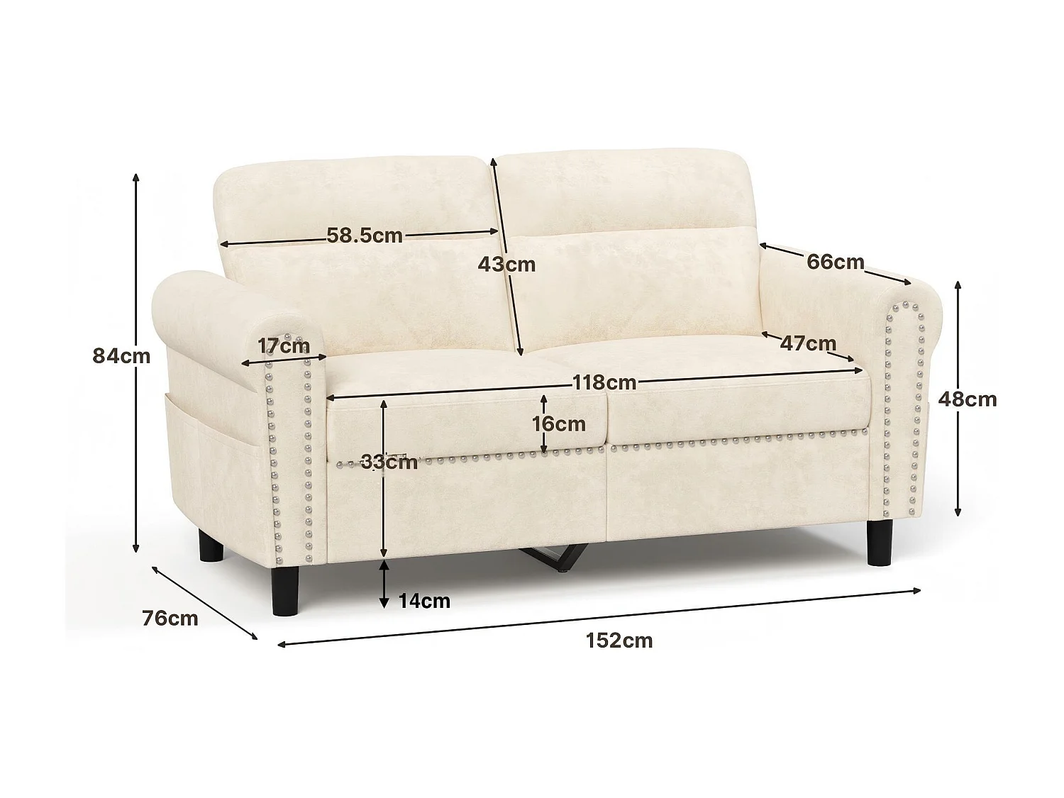 2-Zits Relaxbank, Beige Stof, 152 x 76 x 84 cm