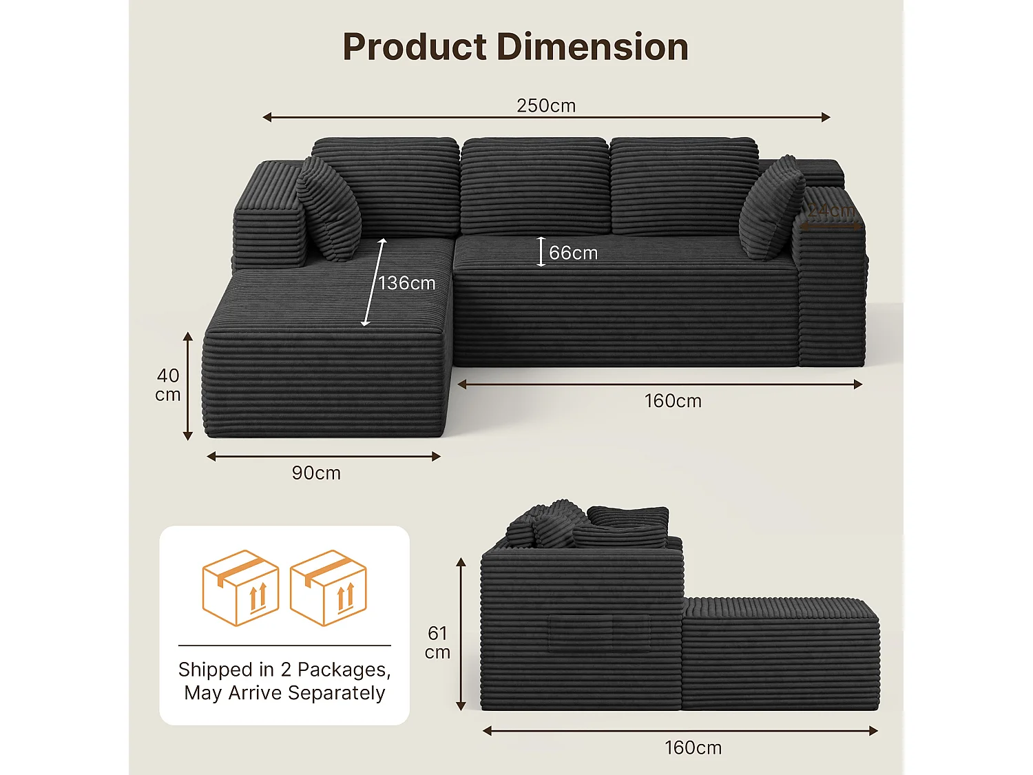 Canapé d'angle 3 Places avec Méridienne Sans Installation Velours Côtelé Gris Foncé 250x160x60cm Bealife