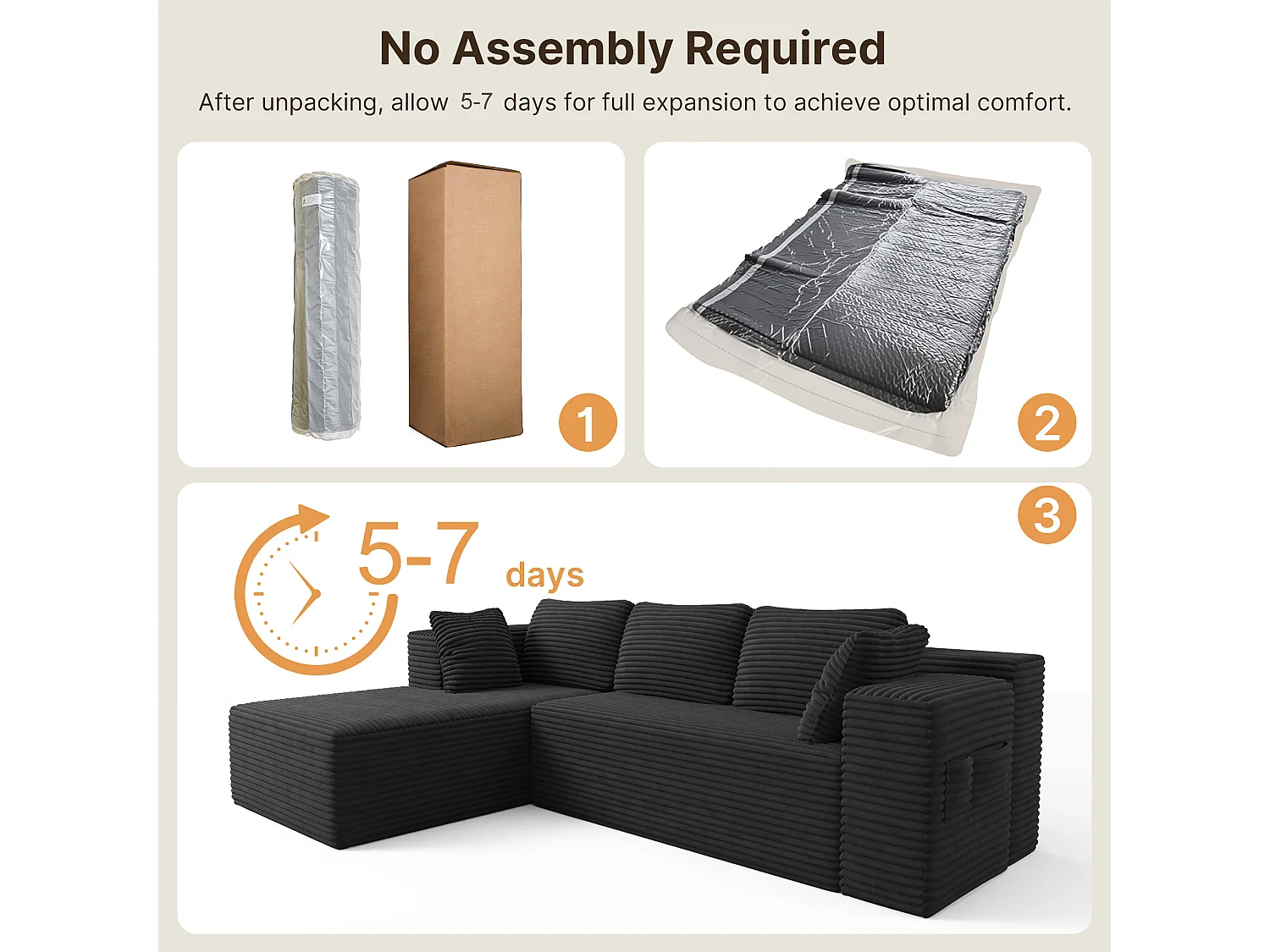 Canapé d'angle 3 Places avec Méridienne Sans Installation Velours Côtelé Gris Foncé 250x160x60cm Bealife