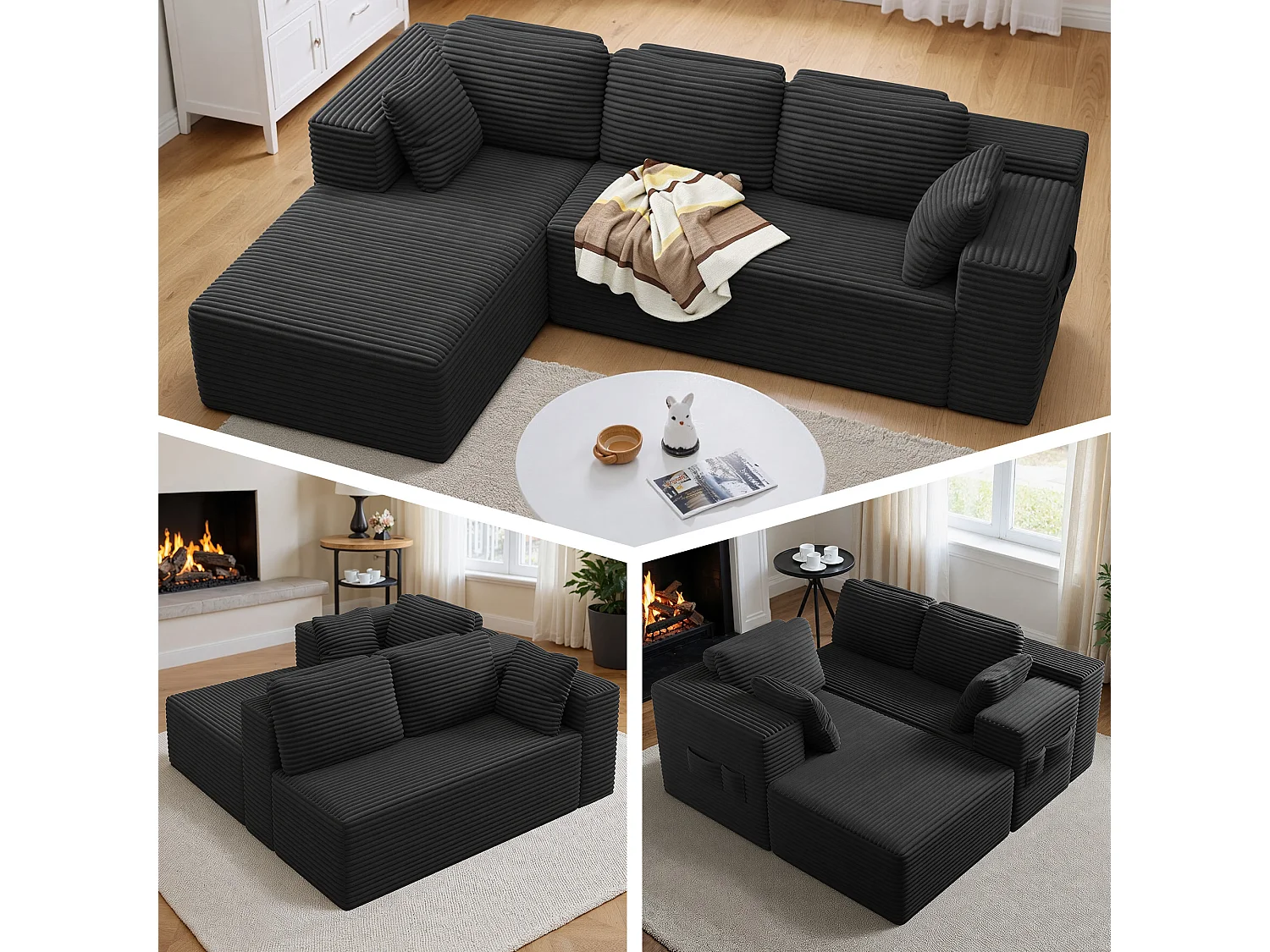 Canapé d'angle 3 Places avec Méridienne Sans Installation Velours Côtelé Gris Foncé 250x160x60cm Bealife