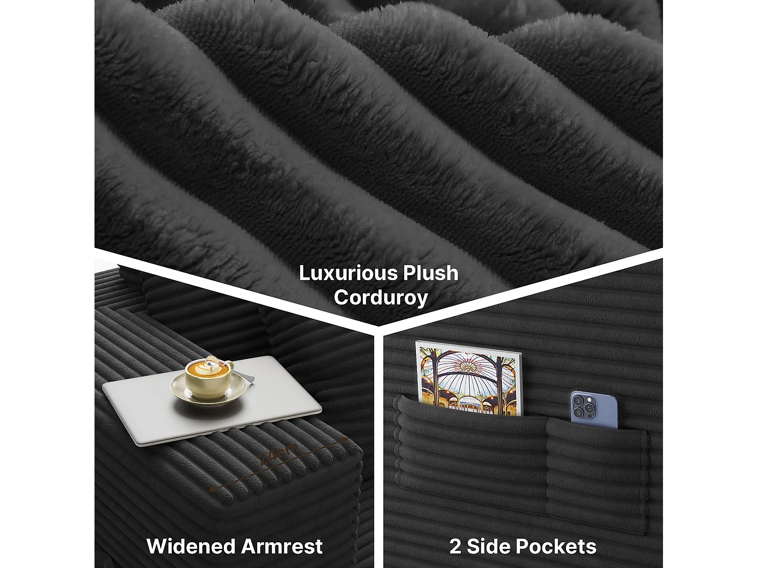 Canapé d'angle 3 Places avec Méridienne Sans Installation Velours Côtelé Gris Foncé 250x160x60cm Bealife