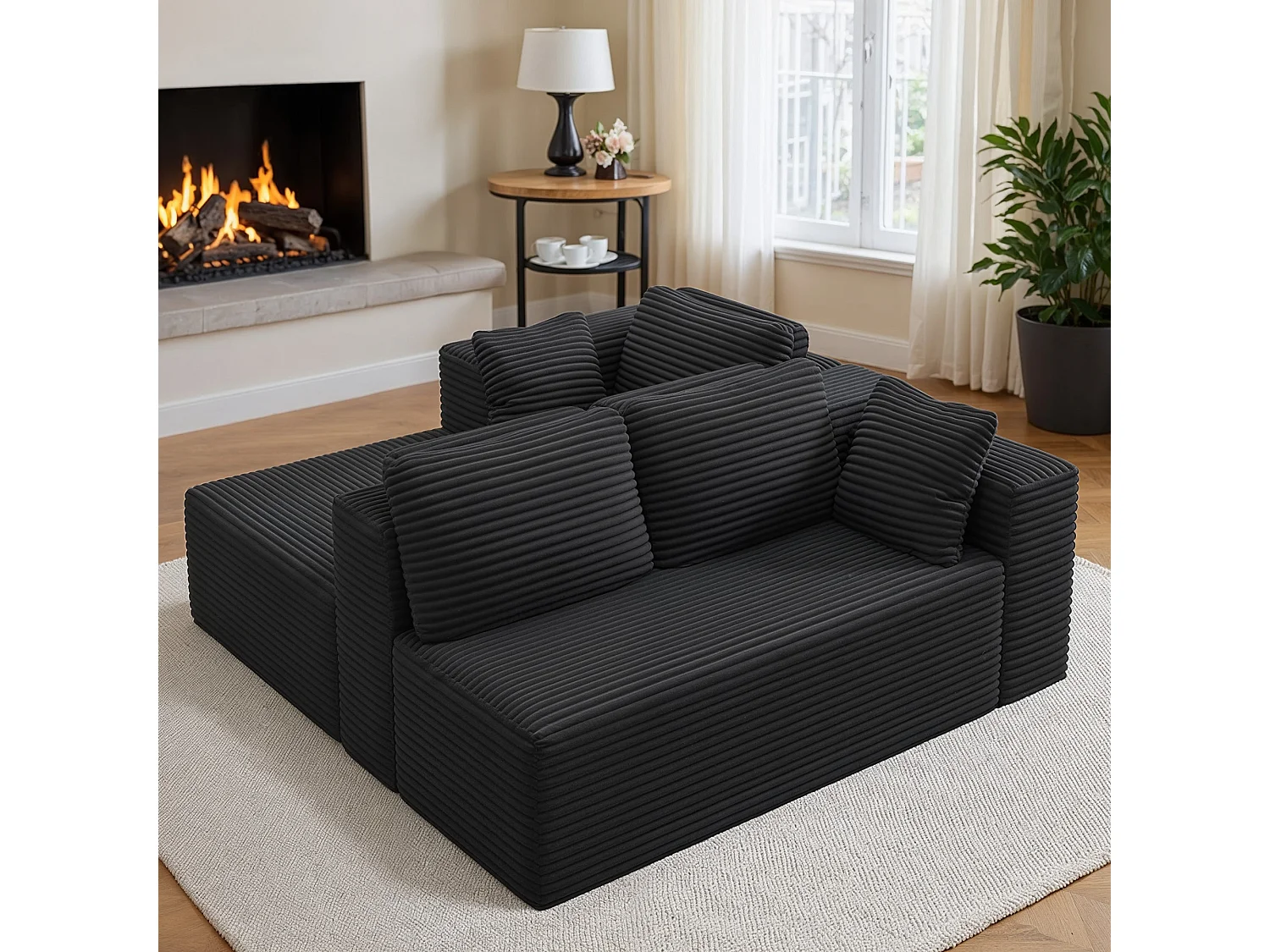 Canapé d'angle 3 Places avec Méridienne Sans Installation Velours Côtelé Gris Foncé 250x160x60cm Bealife